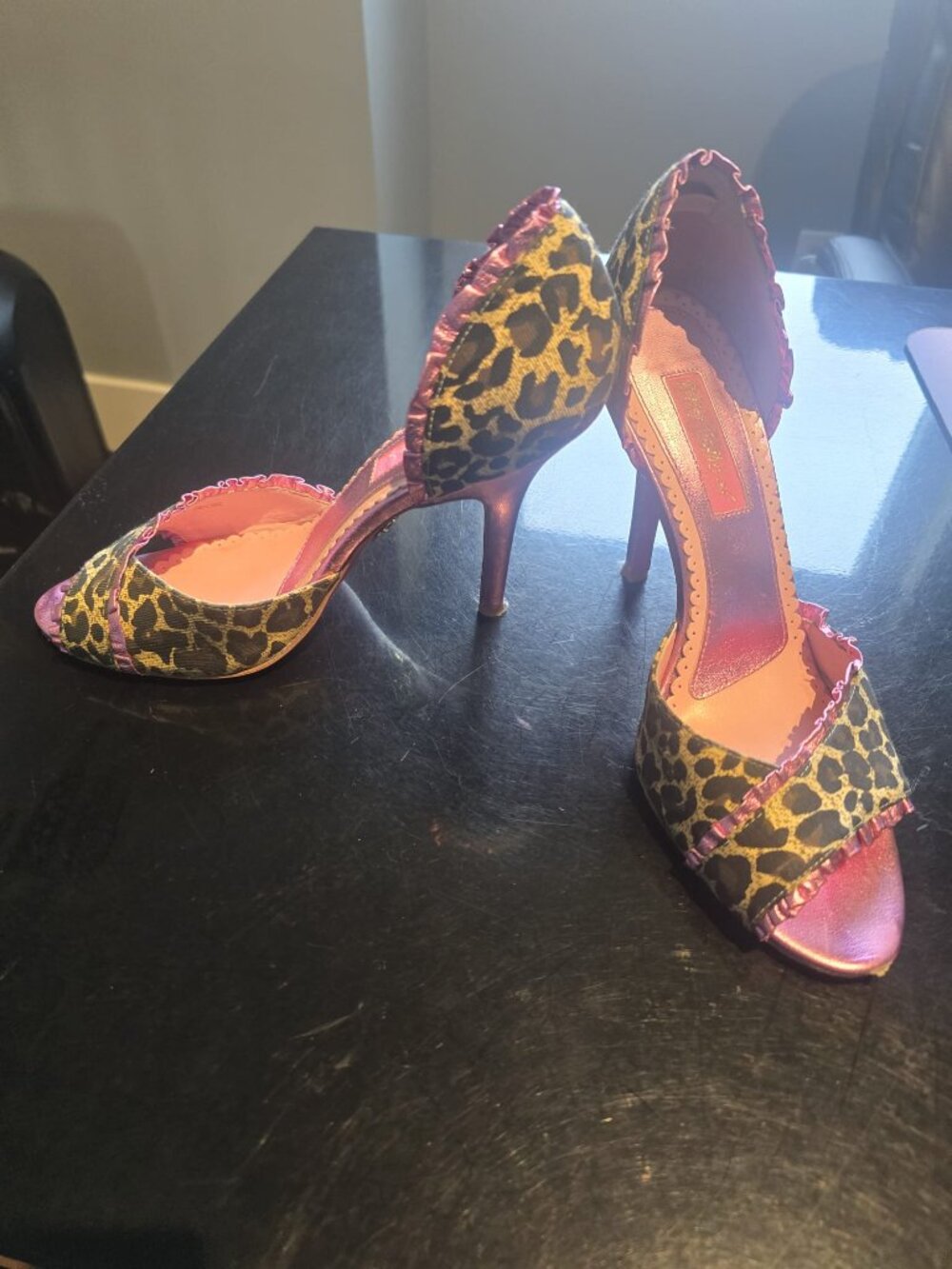 Betsey Johnson Leopard Print & Metallic Pink Peep Toe Heels | Size 8.5